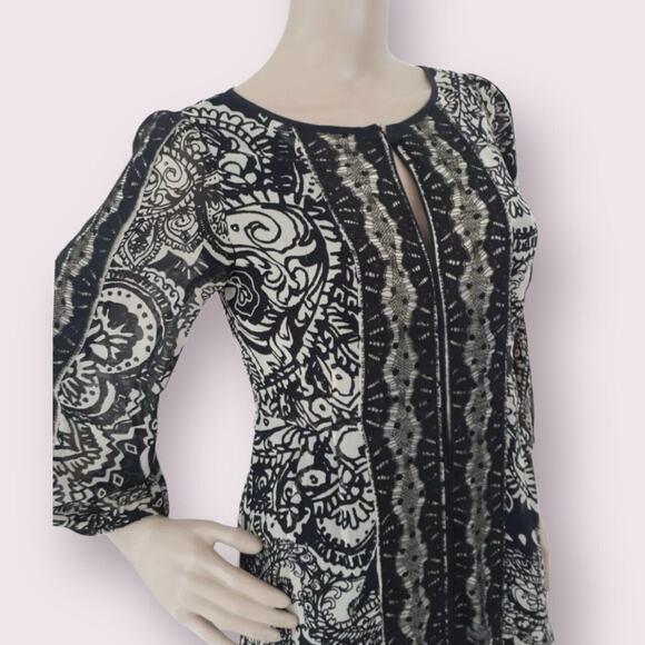 Nanette Lepore Silk Dress Shift 3/4 Sleeve Lace Black Ivory Floral Keyhole 12 L - Picture 6 of 11